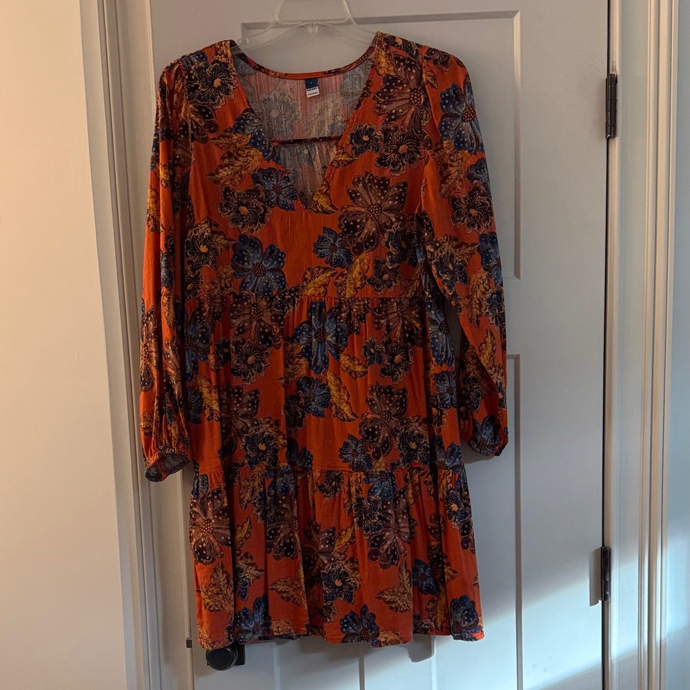 Old Navy Long Sleeve Dress with Orange and Blue Floral Pattern
